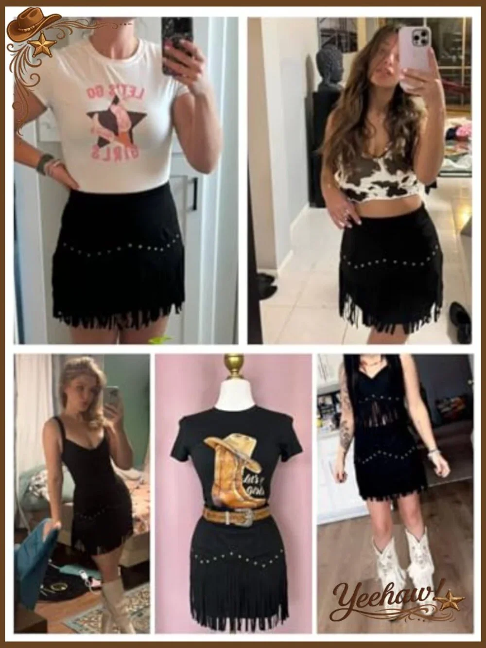 Faux Suede Fringe Mini Skirt High Rise A-Line Cowgirl Skirt for Country Concert - Picture 2 of 5